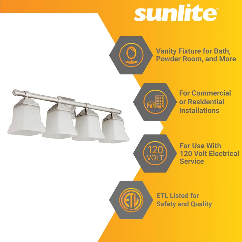 Sunlite 46064 25" Modern Square Bell Vanity Wall Mount Light Fixture, Medium Base (E26) Socket, Standard A19 Bulb Required (100W Max), Frosted Glass Shade, ETL Listed, 4 Light Brushed Nickel Finish - Image 3